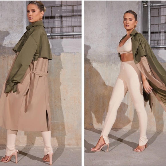 Khaki Contrast Oversized Belted Midi Trench Coat - Picture 1 of 12